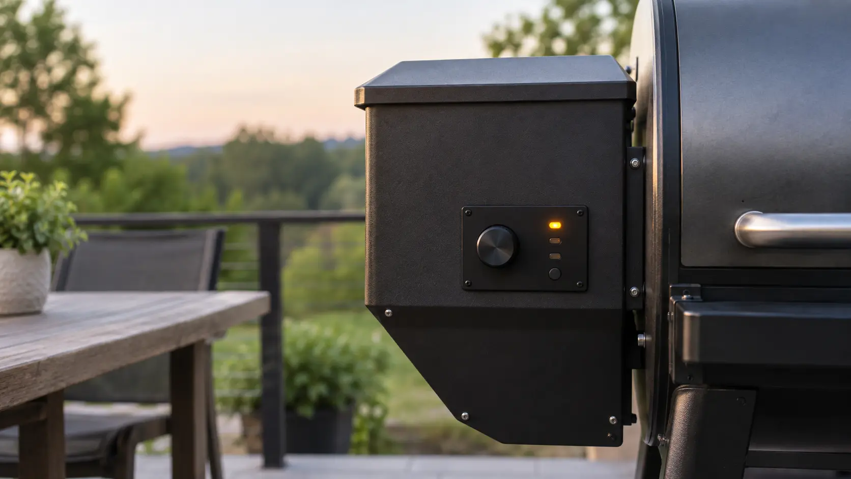 Close view of the small dark digital controller on the side of a pellet grill hopper, one abstract amber indicator glowing beside unlit segments, the grain of a patio table blurred behind.