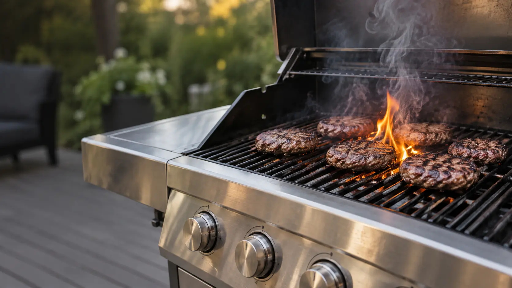 Close view of burgers on the grates of a stainless gas grill with a short burst of yellow flame leaping up between them from dripping fat, smoke curling toward the raised lid, the patio softly blurred behind.