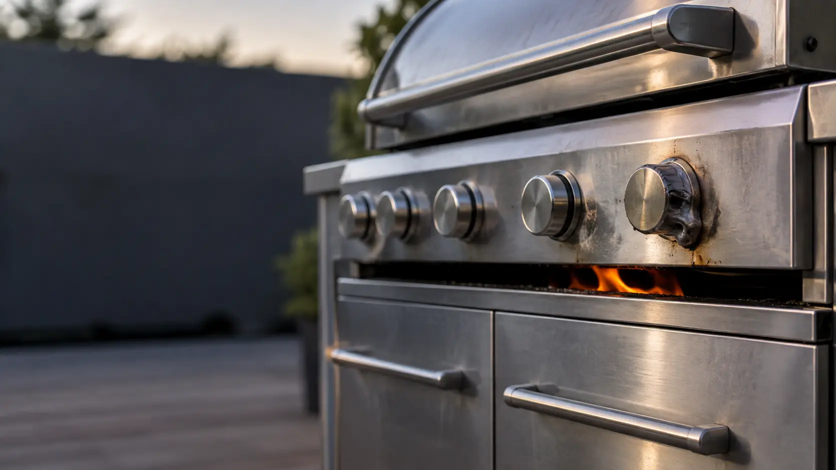 Low view of the stainless control panel of a gas grill, a short tongue of orange flame showing in the dark gap below the row of knobs, one knob at the end softened and warped, the cabinet doors below closed.
