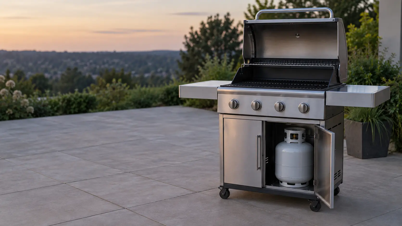 A stainless cart grill alone on an empty patio at dusk, its lid raised and every burner dark, the cabinet door below standing open to show the propane tank.