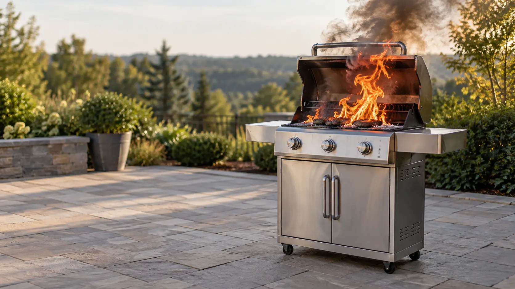 A freestanding stainless gas grill standing alone on a stone patio, tall orange flame and dark smoke rising from under its half-open lid, the cabinet door below closed, a wide clear space of paving all around and nobody near it.