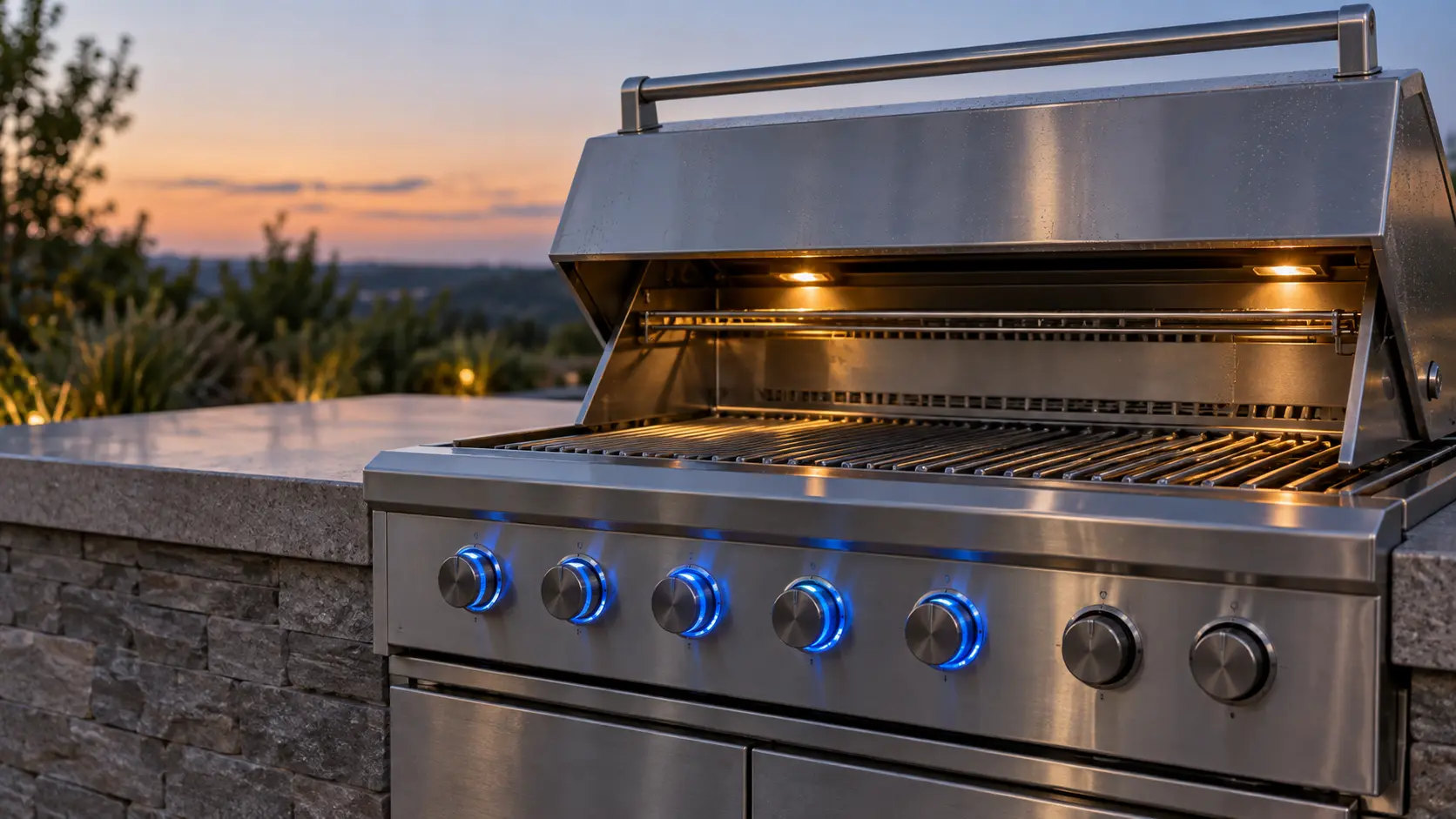 The control panel of a built-in stainless grill head at dusk, soft blue light glowing behind most knobs while two knobs at one end stay dark, a faint haze of condensation on the steel, the island top around it plain.
