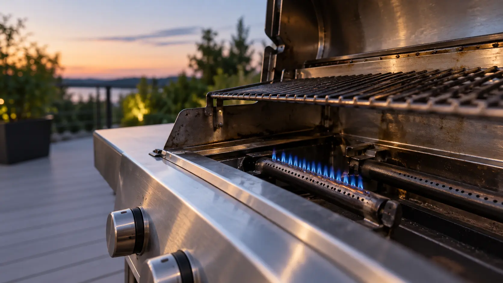 Close view along a stainless gas grill burner in use, a thin short row of small blue flames barely rising from its ports under a lifted grate, the next burner off and dark, evening light on the steel.