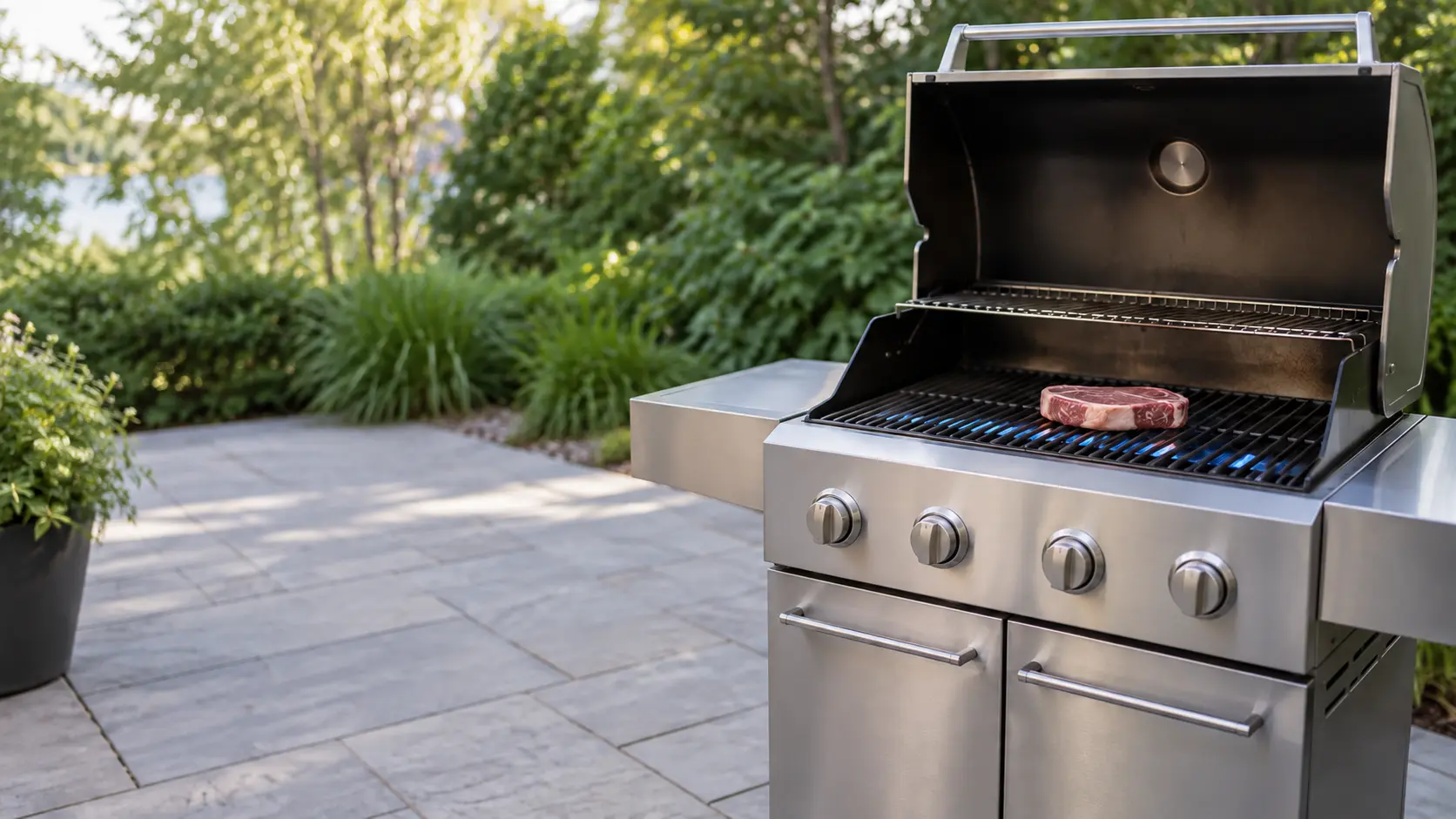 A stainless cart grill on a breezy patio with its lid raised, burners lit low and blue under the grates, a pale raw steak lying on the grates without sear marks.