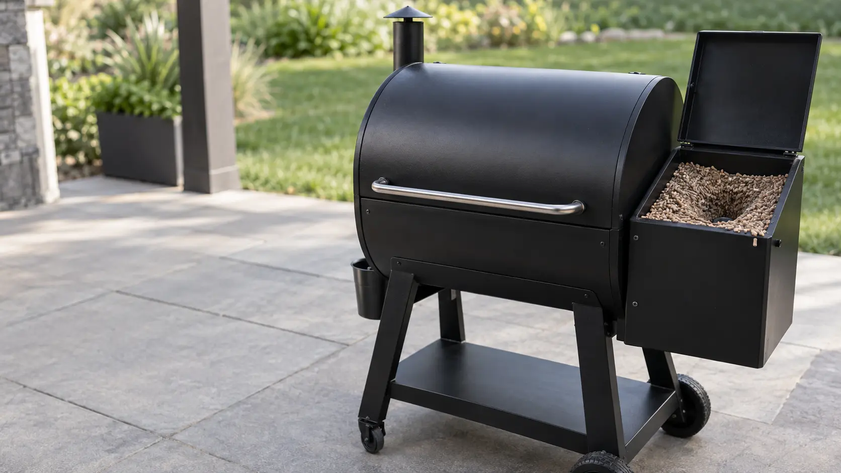 A black pellet grill on a patio with its hopper lid open, the hopper half full of wood pellets sunk into a hollow over the auger, a few swollen crumbling pellets on the rim, the cooking lid closed and no smoke.