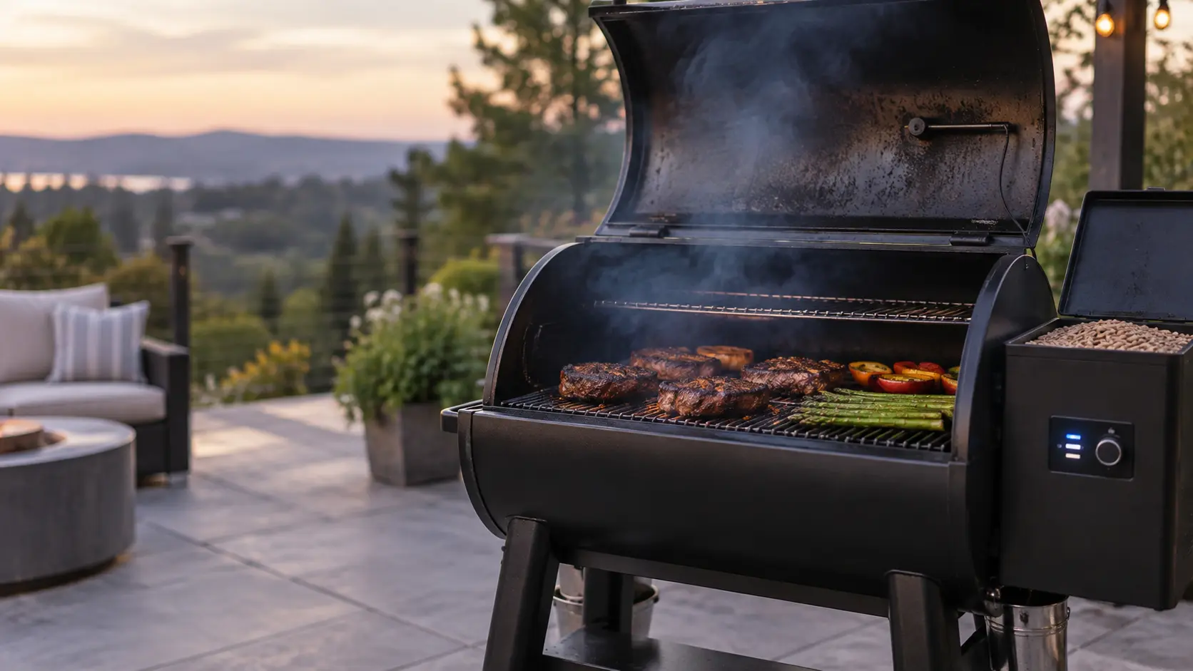 A pellet grill with its lid raised and thin blue smoke drifting up, a small controller on the hopper side showing only glowing abstract bars with no readable digits, the chamber probe on the inner wall dark with grease.