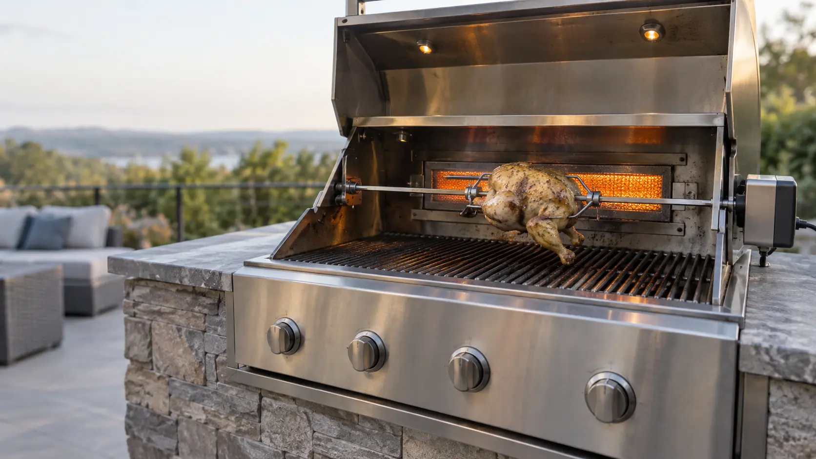 A built-in stainless grill head in a stone island with its lid raised, a whole chicken on a rotisserie spit sagging to one side and slipping in its forks, the motor on its bracket at the side, the rear infrared back burner glowing orange.
