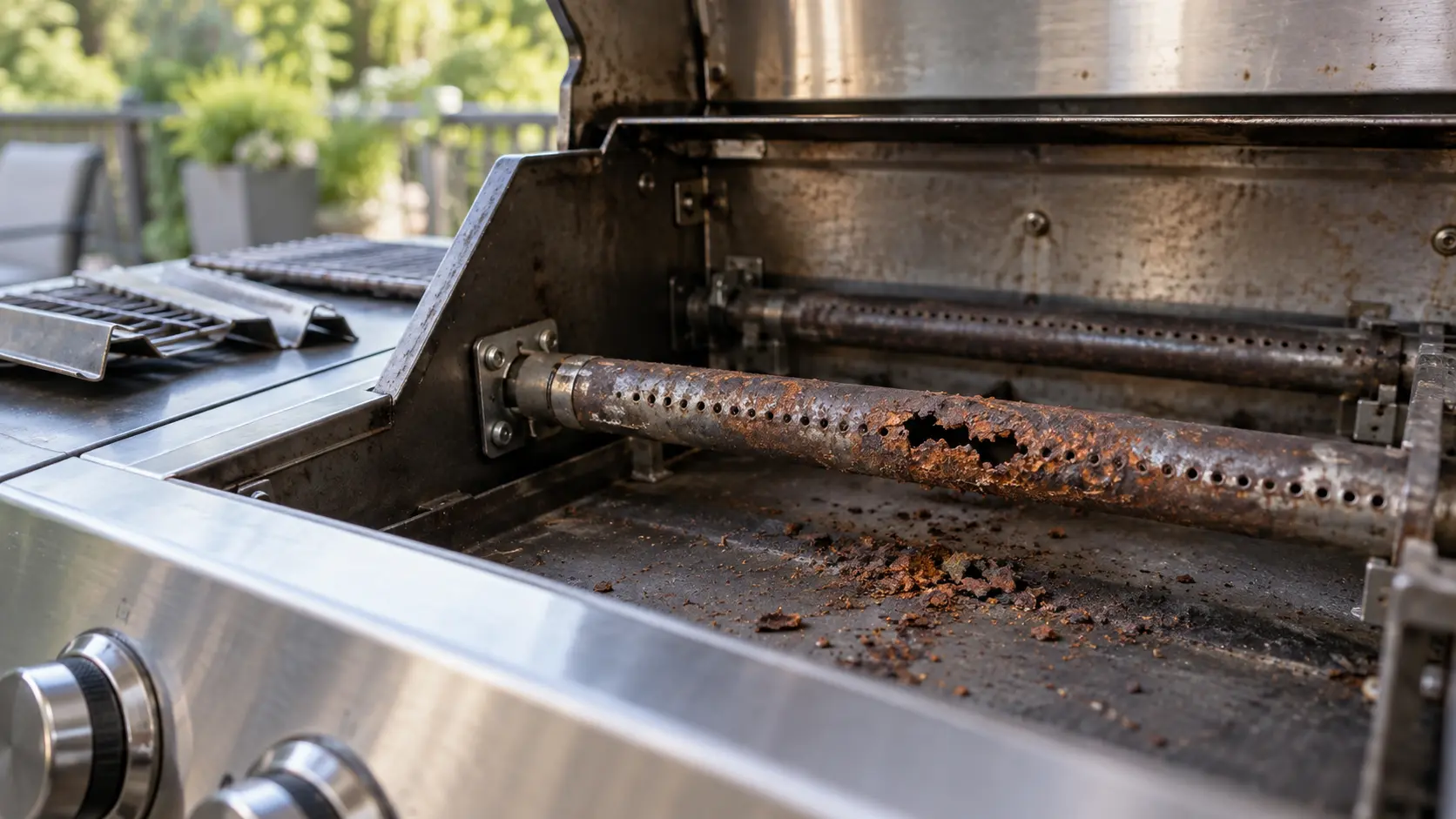 Close view inside the firebox of a cold stainless gas grill with the grates and shields lifted out, a burner tube pitted with orange rust, two ports eaten into one ragged slot, rust flakes on the firebox floor below.