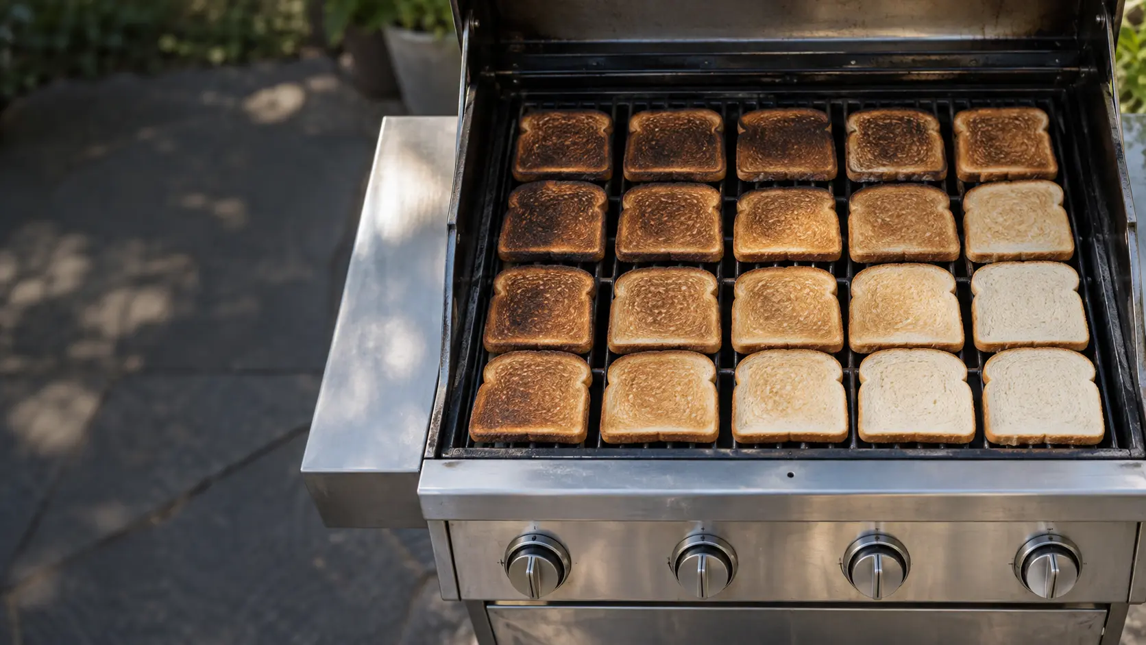 Top-down view of the cooking grates of a stainless grill covered edge to edge with slices of white bread toasted in an uneven pattern, dark brown across the back and one side, pale in one front corner.