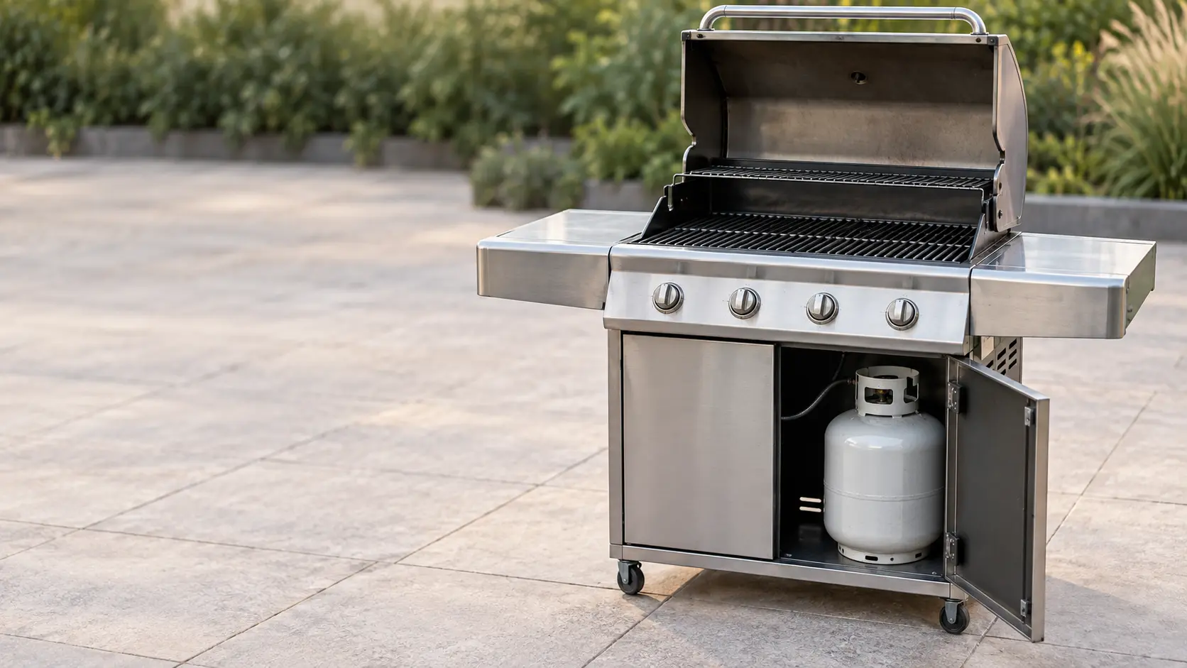 A freestanding stainless cart grill on a patio with the lid raised, grates in place over dark cold burners, the cabinet door below open to show a propane tank, plain afternoon light and a bare paved background.
