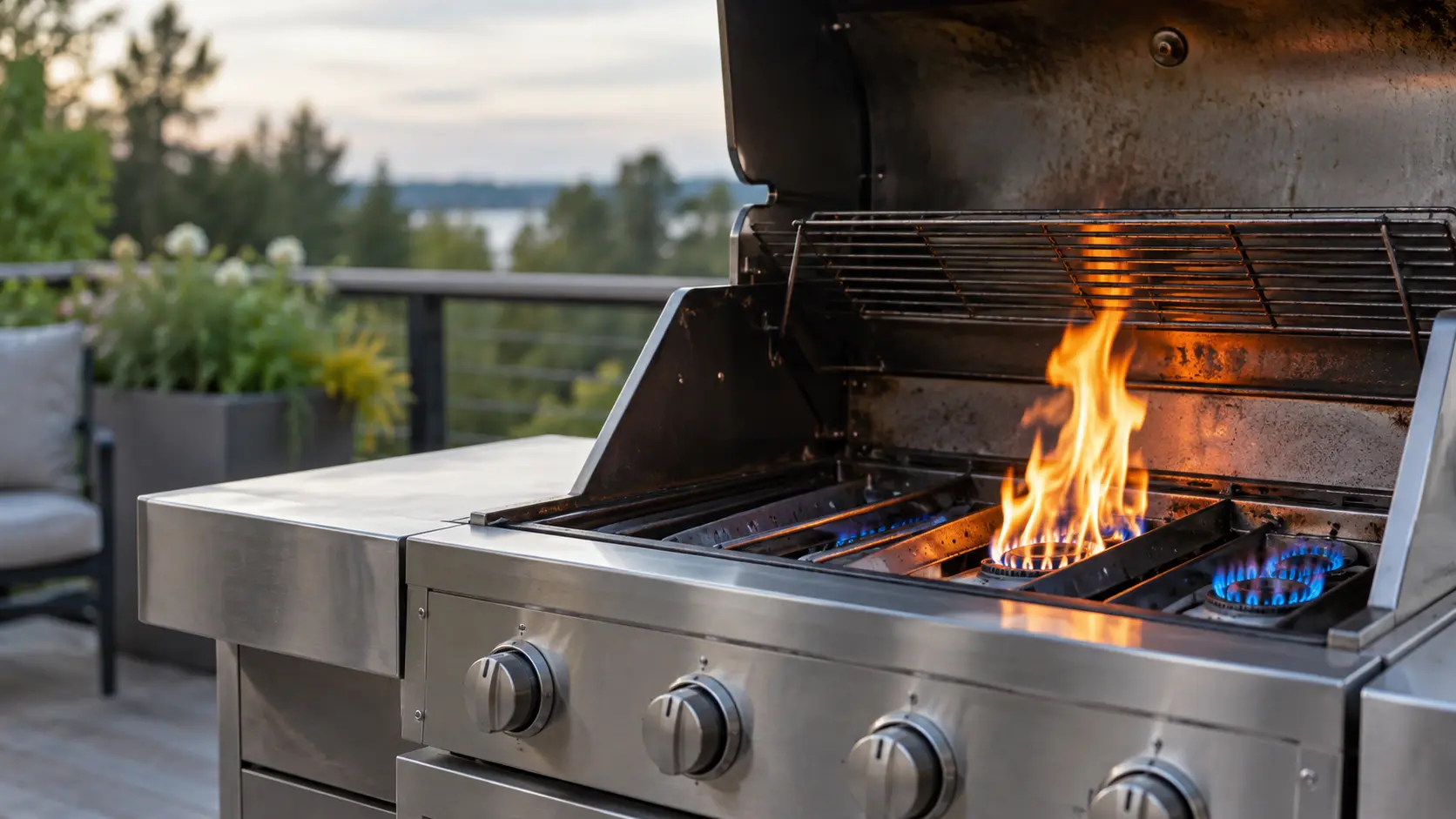 Side view of a stainless gas grill burner lit under a lifted grate, tall soft yellow and orange flames rising from its ports while the next burner shows neat short blue flames, faint soot on the underside of the raised lid.