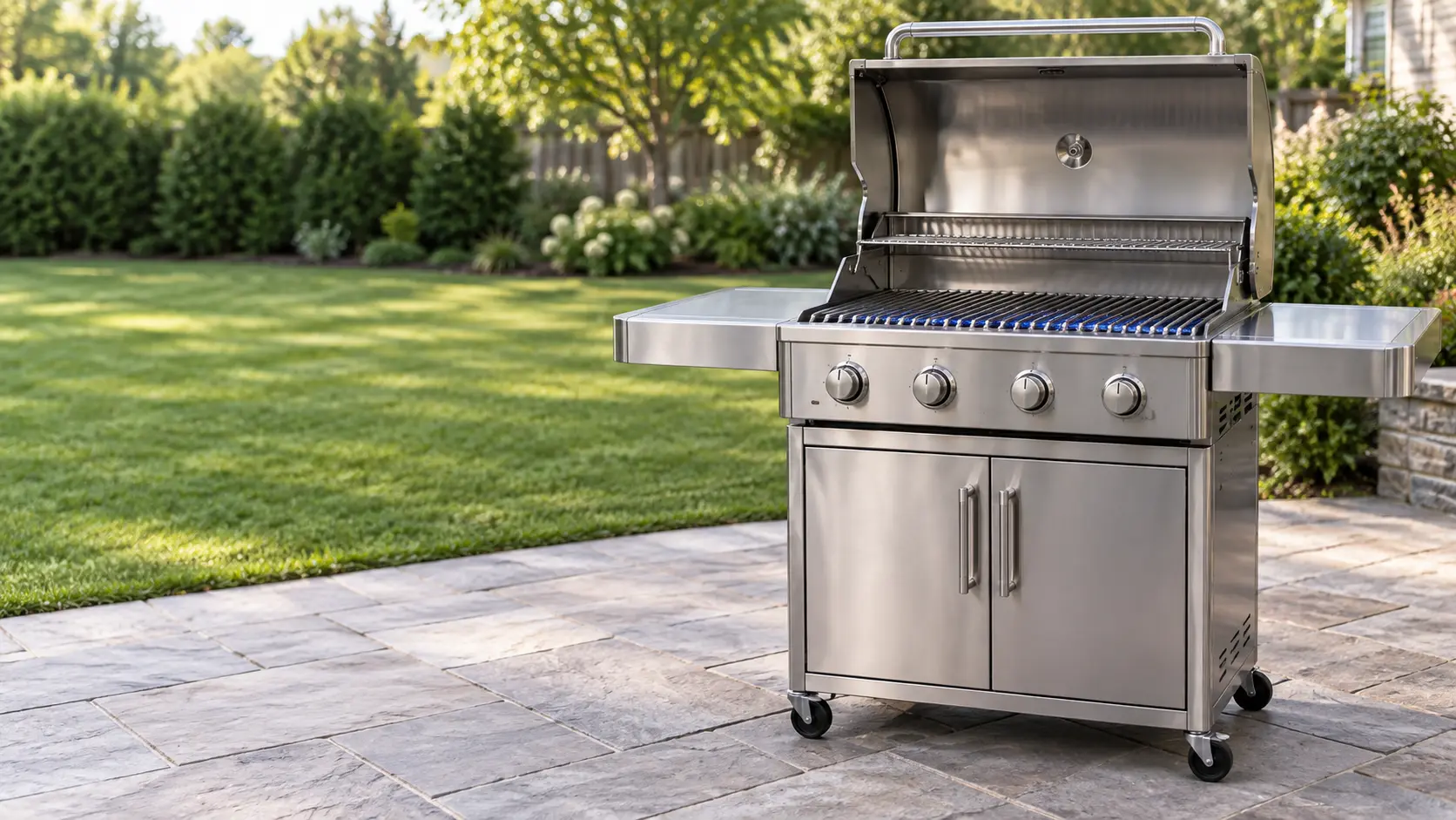 A stainless freestanding gas grill on a four-wheeled cart standing on a clean stone patio, its hood open over bare stainless grates with a soft blue burner glow beneath, side shelves folded out and empty, the cabinet doors below closed, a lawn and shrubs softly blurred behind, daylight, seasonless.