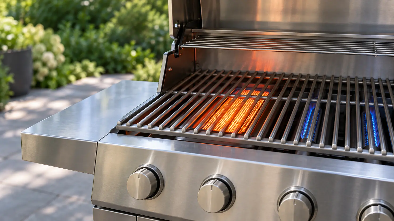 Close view of an open stainless grill with one infrared sear burner glowing bright orange across its honeycombed ceramic face under a heavy stainless grate, blue-flame burners beside it, the grill's hood raised on a patio, background softly blurred, daylight, seasonless.