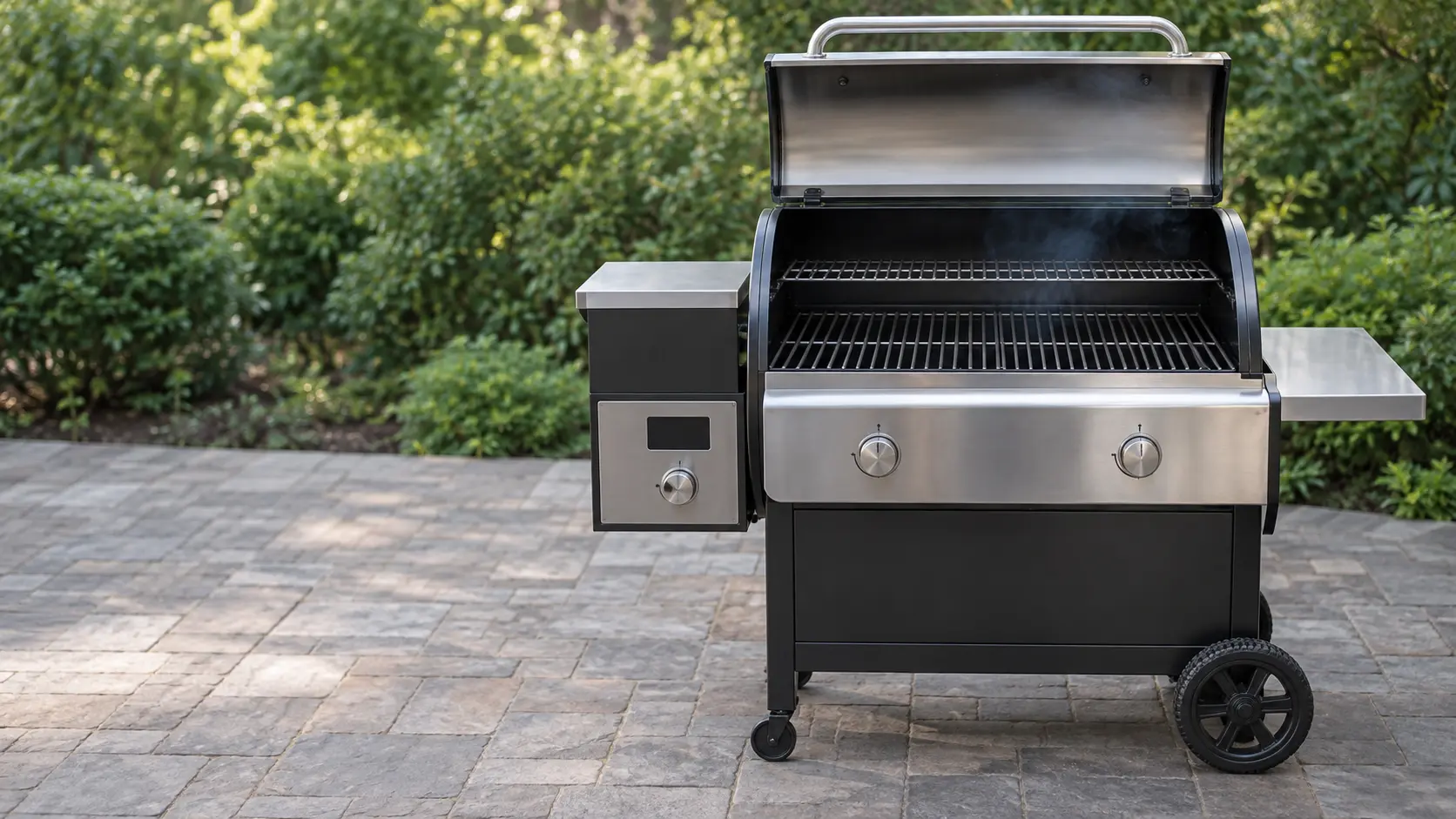 A stainless pellet grill with its side hopper and a plain digital controller with a blank dark display, standing on a stone patio with its lid open, thin blue smoke rising from clean grates, the hopper lid closed, shrubs softly blurred behind, daylight, seasonless.