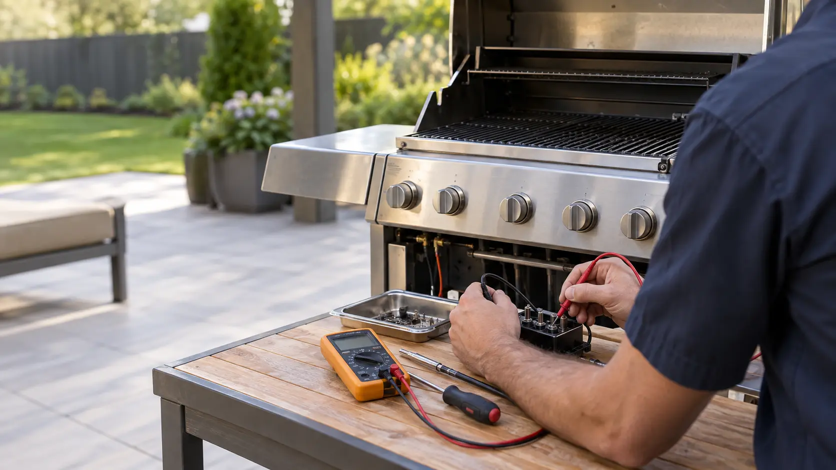 A repair technician in a plain navy work shirt testing a grill spark module with multimeter probes on a workbench, face turned away.