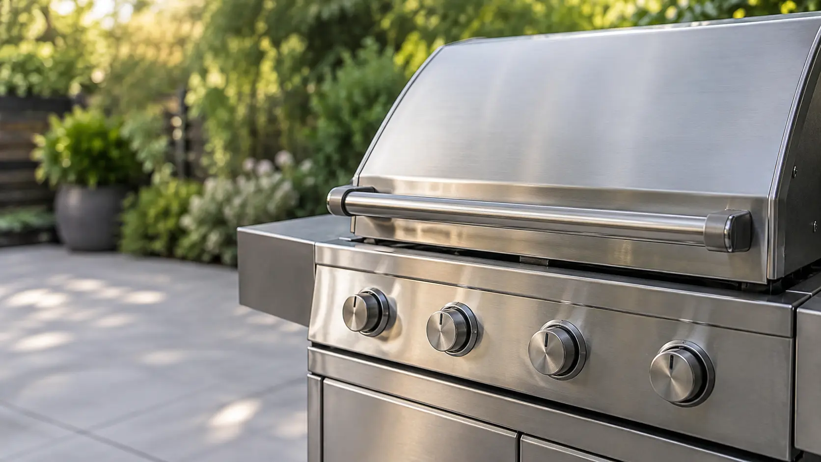 The brushed stainless hood and knobs of a grill filling the frame, soft light.