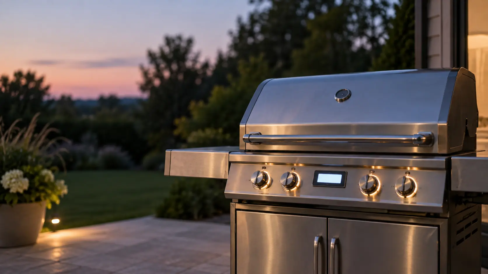 The lit control panel of a stainless gas grill at dusk, a small digital display between the grill's knobs glowing with no characters readable, the grill's lid closed.