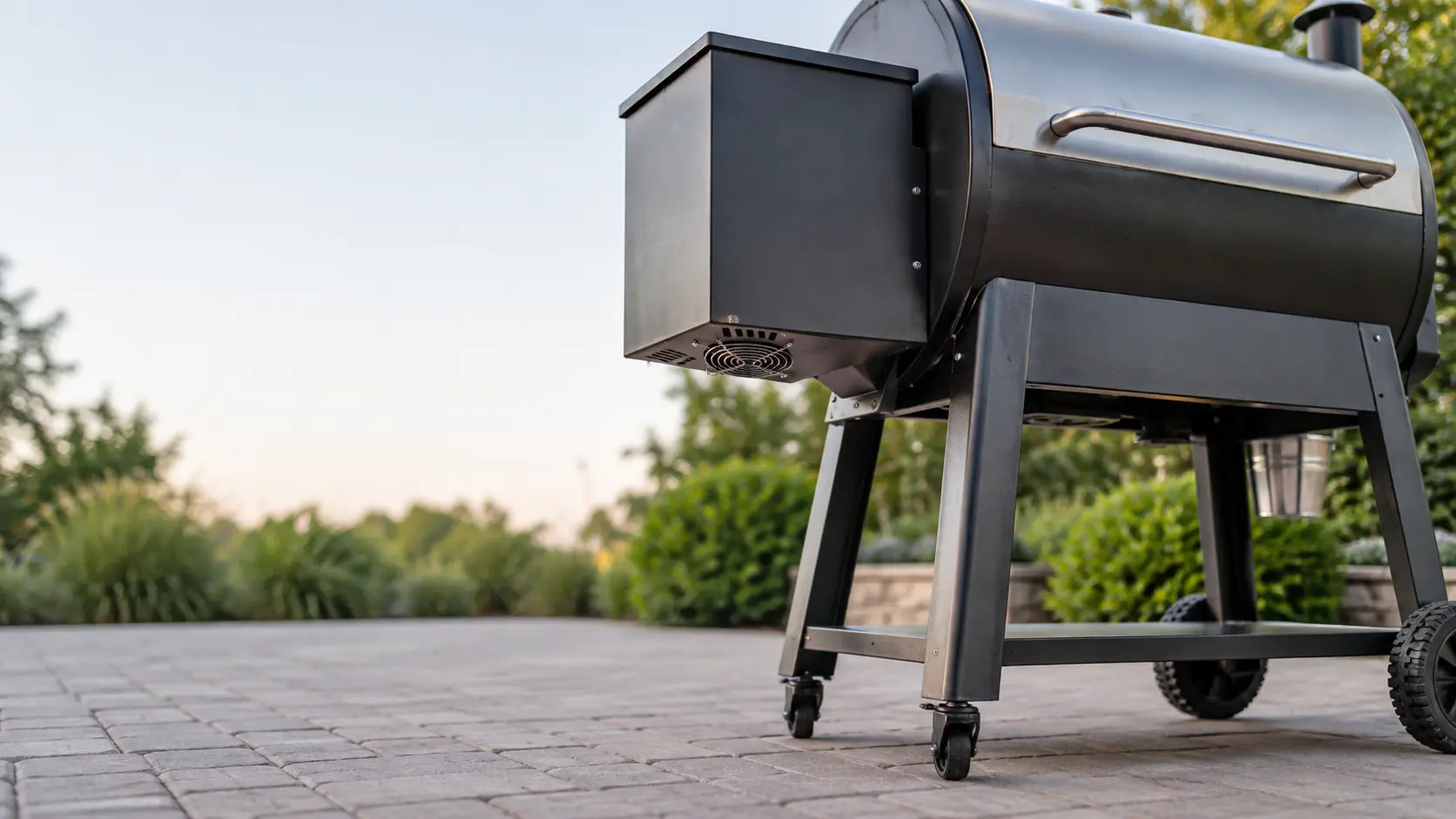The underside of a pellet grill's hopper on a patio, a small round fan guard with its slots visible beneath the grill, a clean paver floor below.