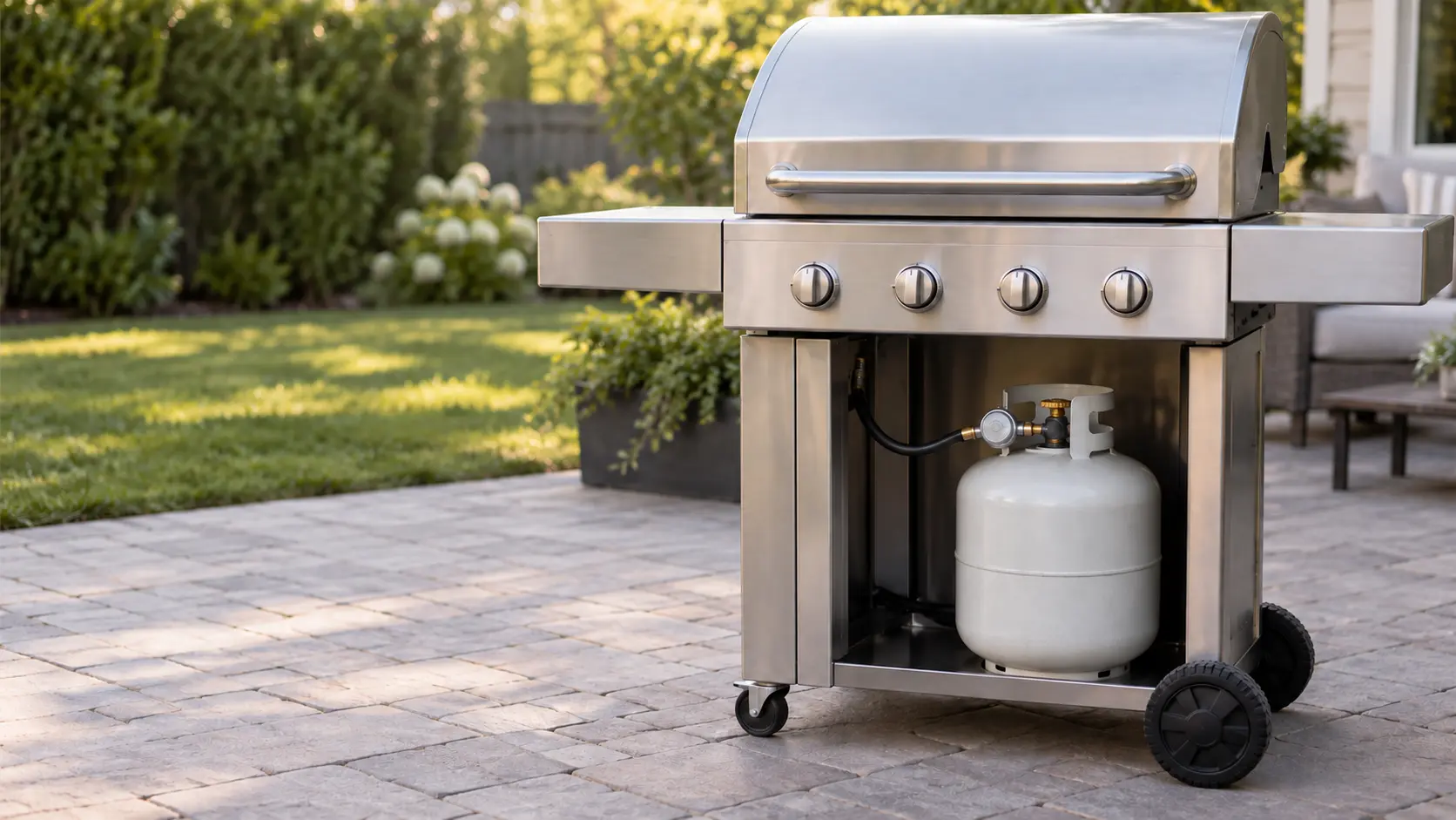 A propane tank under a stainless cart grill on a patio, its hose and round regulator attached and its valve closed, the grill's knobs above all set to off, nobody near the tank.