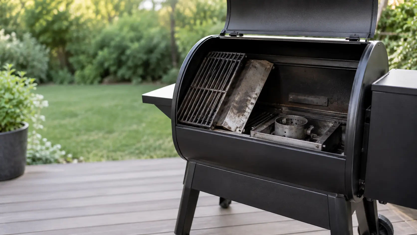 The open firebox of a cold pellet grill on a patio with its grates and heat baffle lifted out, the round steel firepot in the middle of the grill with a small hot rod tip at its side, no fire.