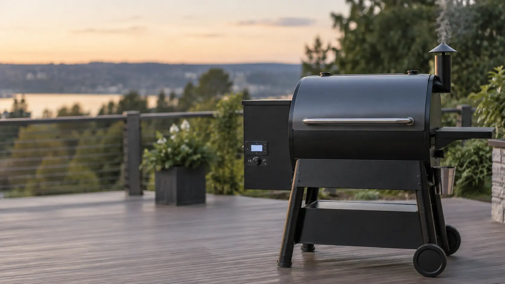 The digital controller on the side of a pellet grill's hopper on a patio, its small display lit with no characters readable, the grill's lid closed and a thin trace of smoke at the chimney.