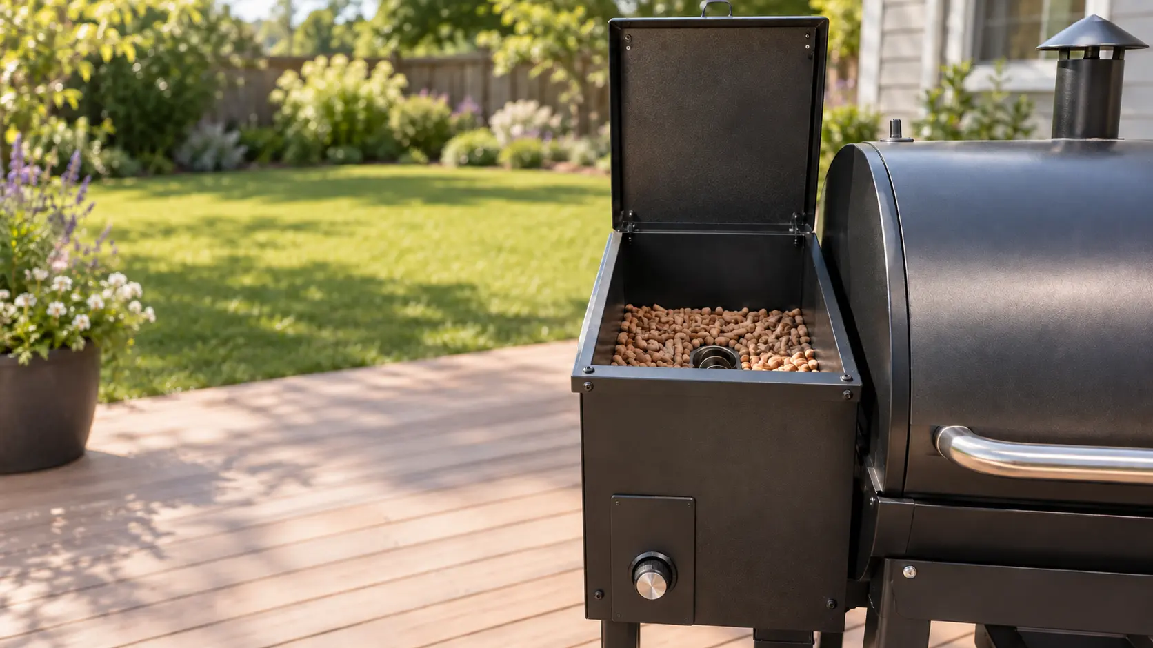 The lid of a pellet grill's hopper raised on a sunny patio, a low layer of wood pellets inside the grill's hopper with the auger opening at the bottom just visible, nobody near it.