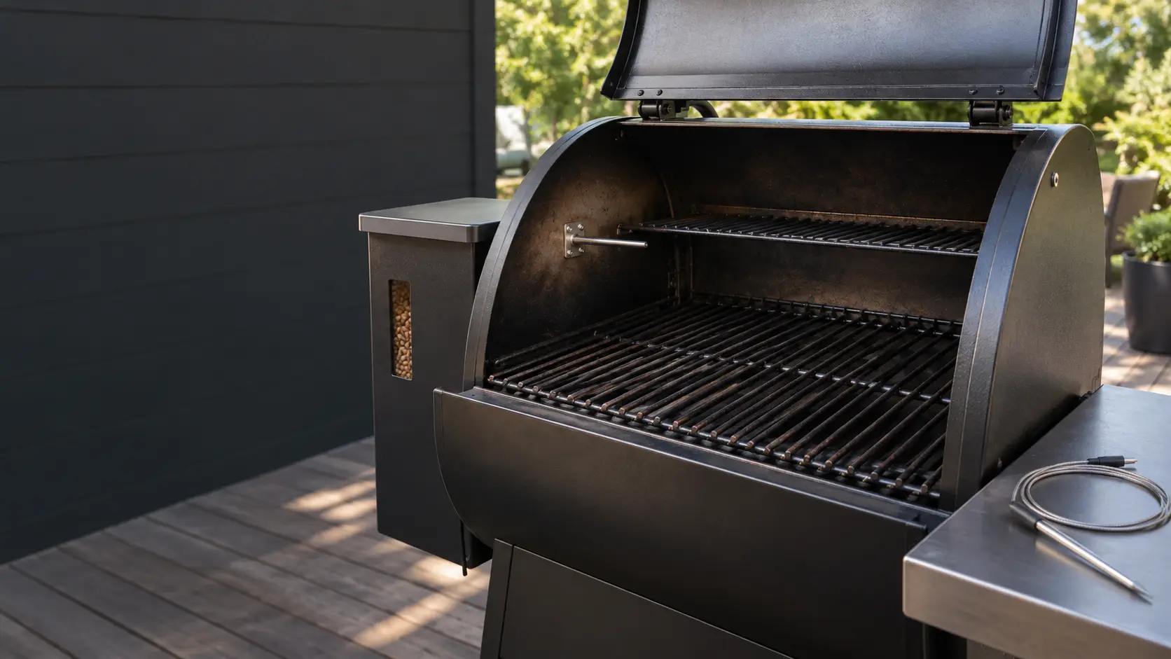 The inside wall of an open pellet grill on a patio, a thin steel temperature sensor mounted near the grill's cooking grate, a meat probe lead resting on the side shelf beside it.