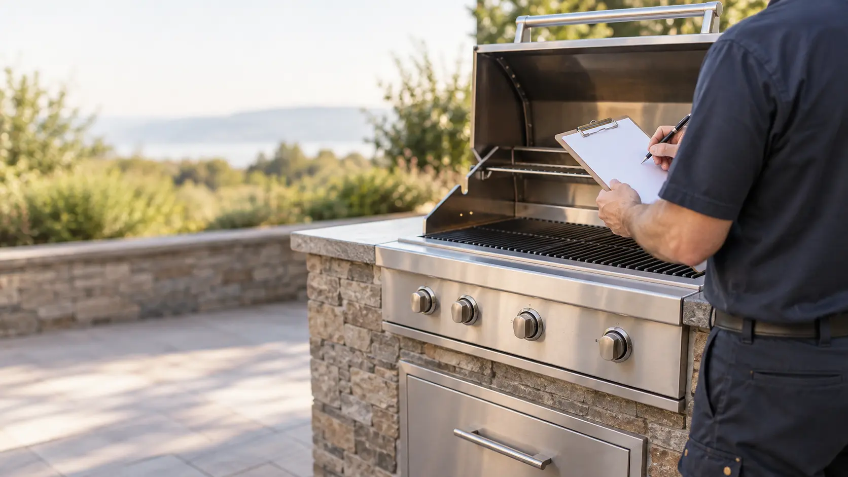 A technician writing on a blank clipboard beside a grill, the page empty of any writing.