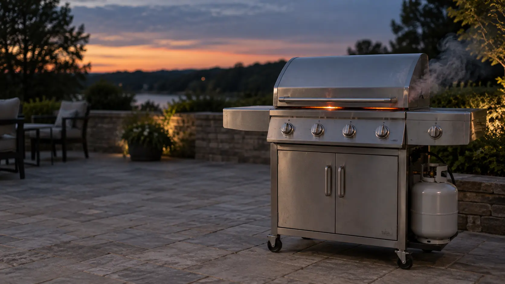 A stainless cart grill standing alone on a stone patio at dusk with its lid closed, orange glow and a thin ribbon of smoke escaping from the gap under the grill's lid, every knob at off and the propane tank valve below closed, patio chairs pushed well back.