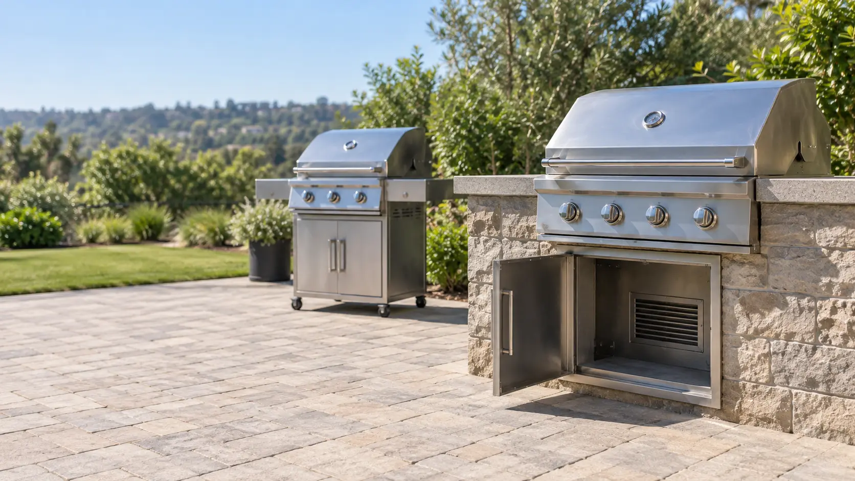 A stainless built-in grill head set into a plain stone counter on a sunny paver patio with the access door beneath the grill standing open to show a vent opening in the island wall, and a freestanding cart grill parked a few steps away, both grills closed and cold with every knob at off.