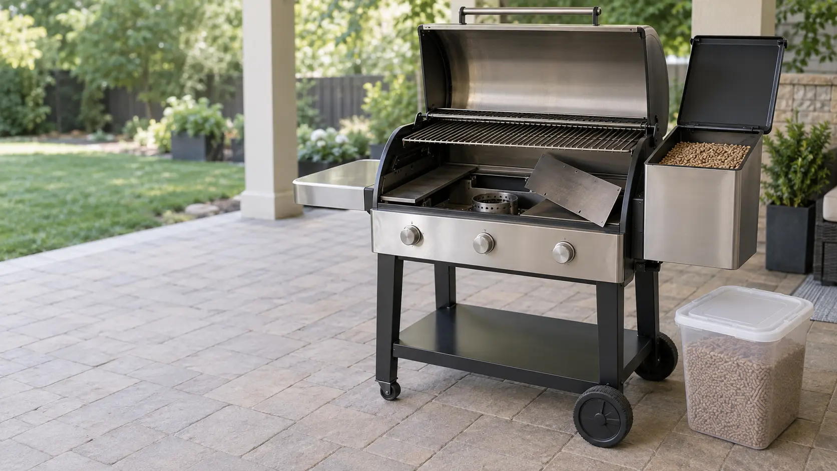 A stainless pellet grill on a covered patio with its hood open and the grill's hopper lid raised, the heat shield lifted aside to show a clean empty firepot, a sealed plain plastic tub of hardwood pellets standing on the pavers beside it.