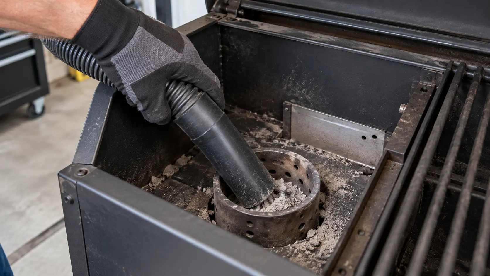 Close on a shop vacuum nozzle clearing ash from the firepot of a cold pellet grill.