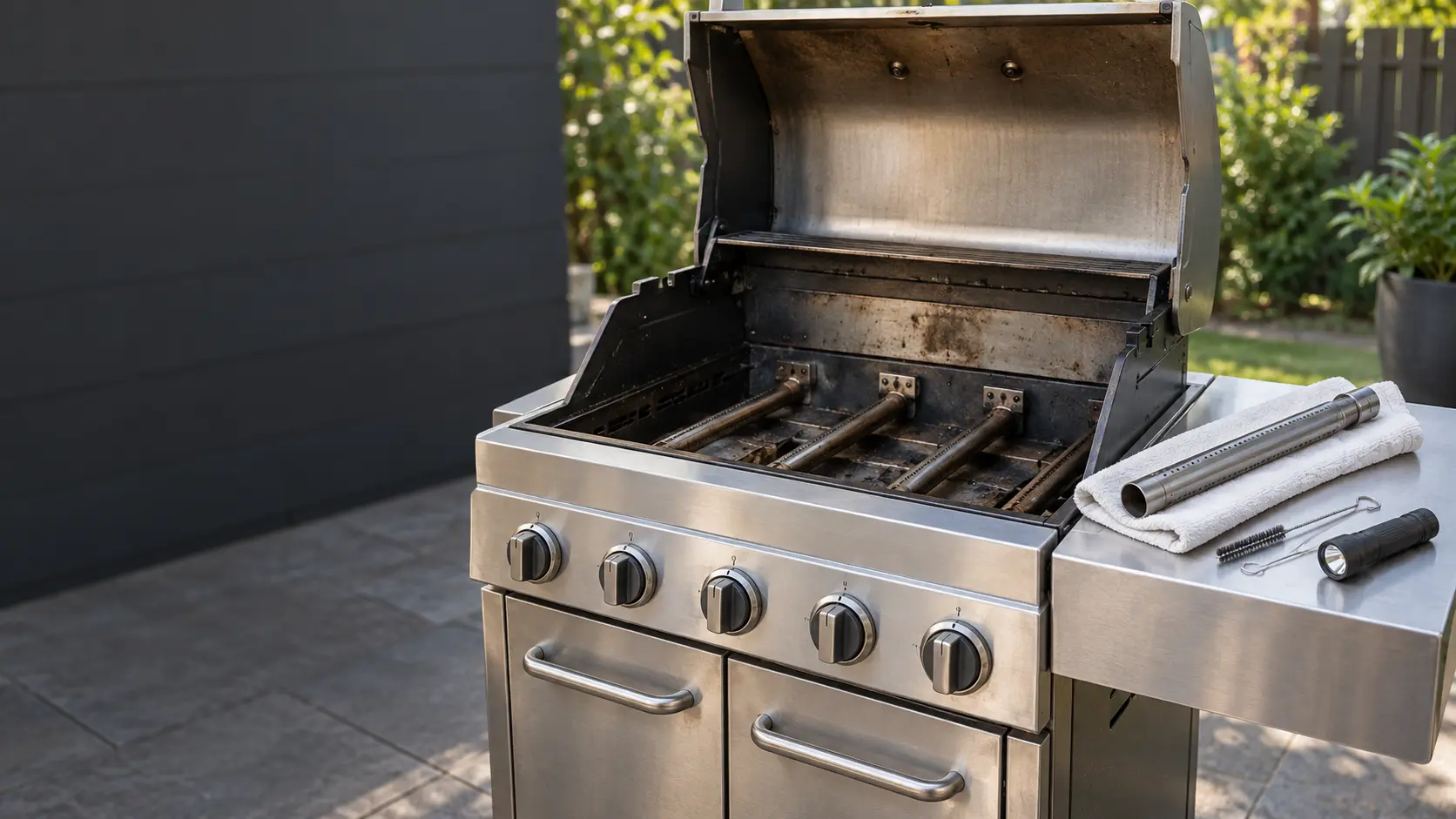 A stainless gas grill on a patio with its hood up and cooking grates removed, one tube burner lifted out of the grill and resting on a folded towel on the side shelf beside a pipe cleaner, a straightened paper clip and a small flashlight, every knob at off and no flame.
