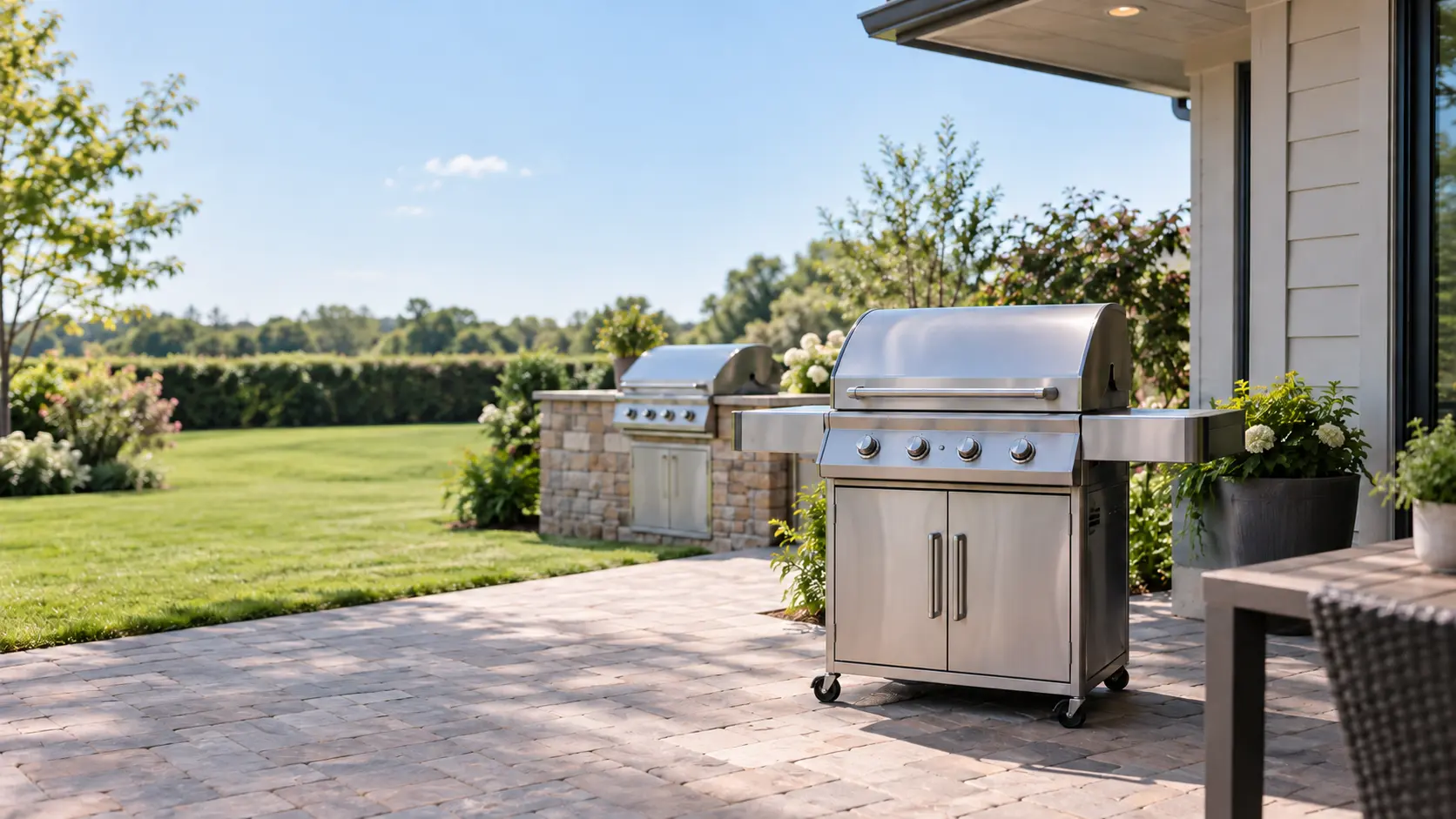A stainless cart grill with its lid closed standing on a paver patio well out from a painted house wall and clear of the eaves above, open lawn and a low hedge beyond, a second grill, a built-in grill head, set into a stone counter further along the patio with open sky over it.