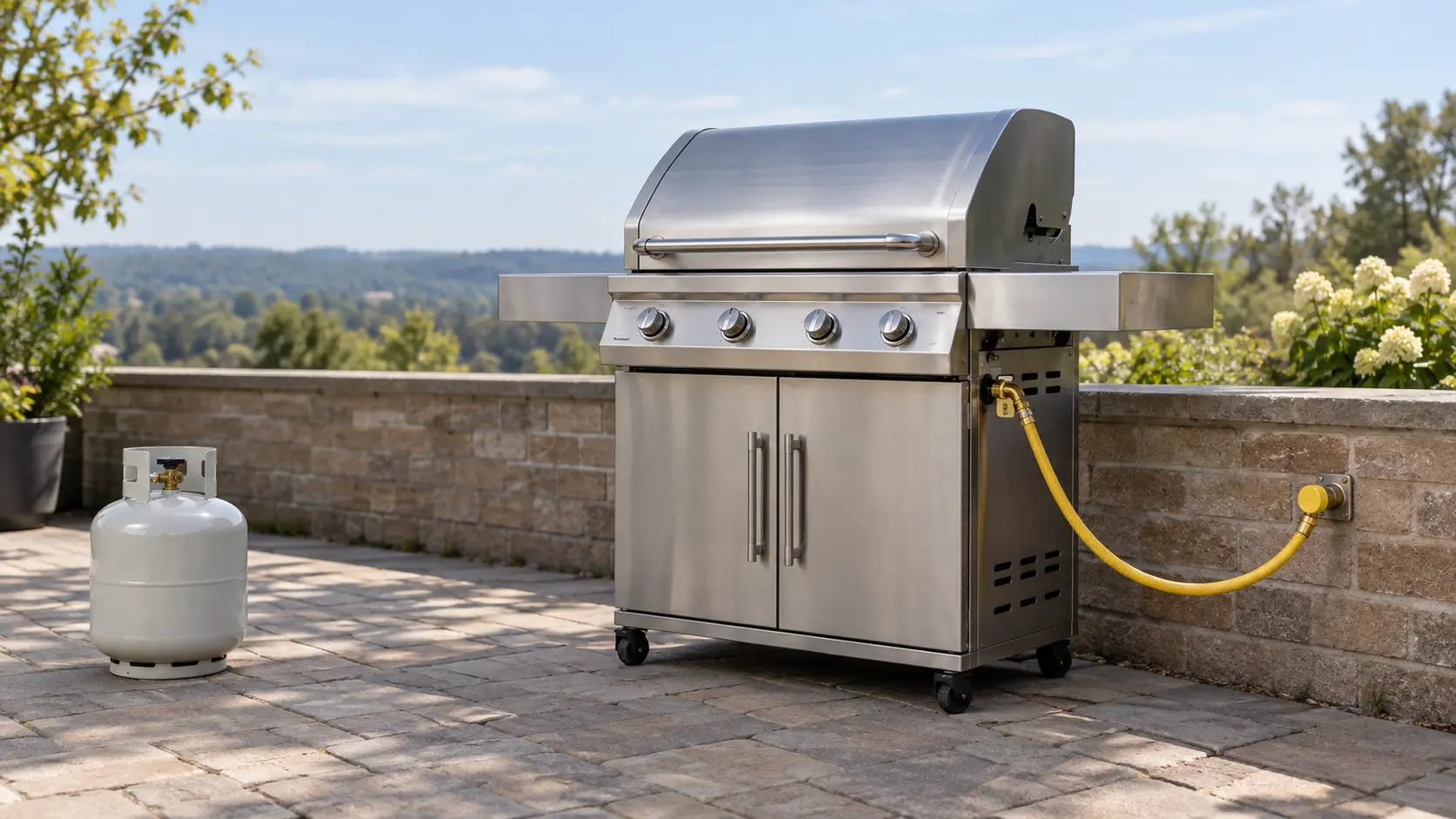 The back of a stainless grill on a paver patio, the grill's lid closed, a yellow flexible gas hose running from the grill to a capped quick-disconnect fitting on a low brick wall, a closed propane tank set well aside on the paving, open sky.