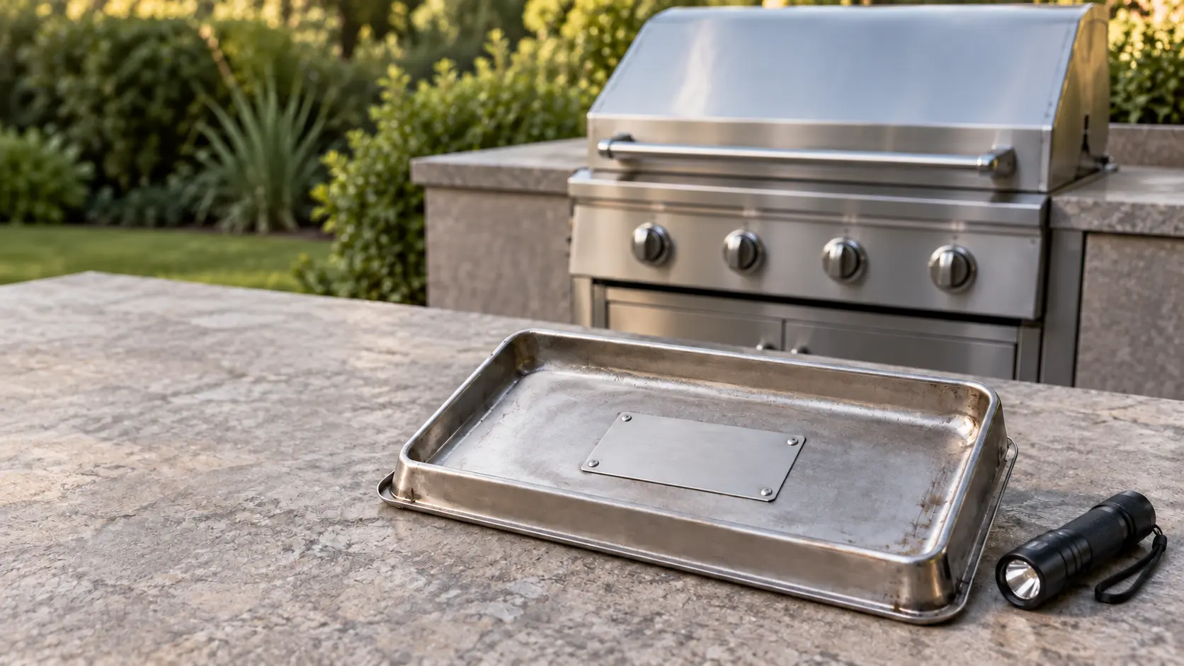 A stainless drip tray pulled out from under a built-in grill head and turned over on a stone patio counter, a blank silver metal plate riveted to its underside with no readable characters, a small flashlight beside it and the closed grill behind in soft focus.