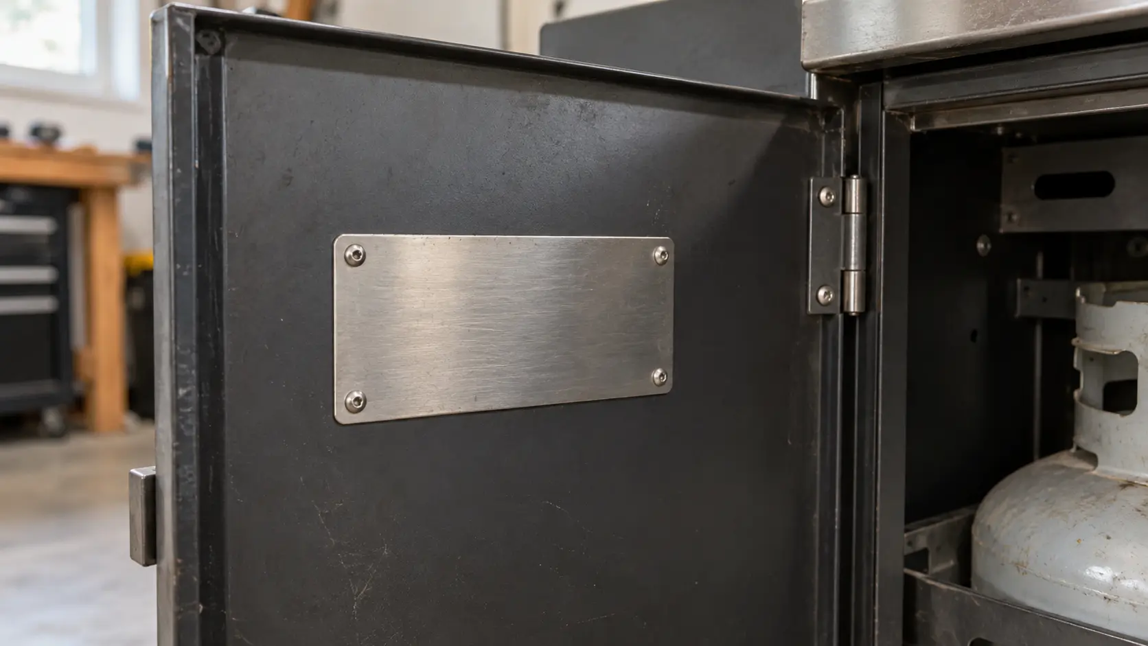 Close on a small blank metal plate with no characters inside the cart door of a grill.