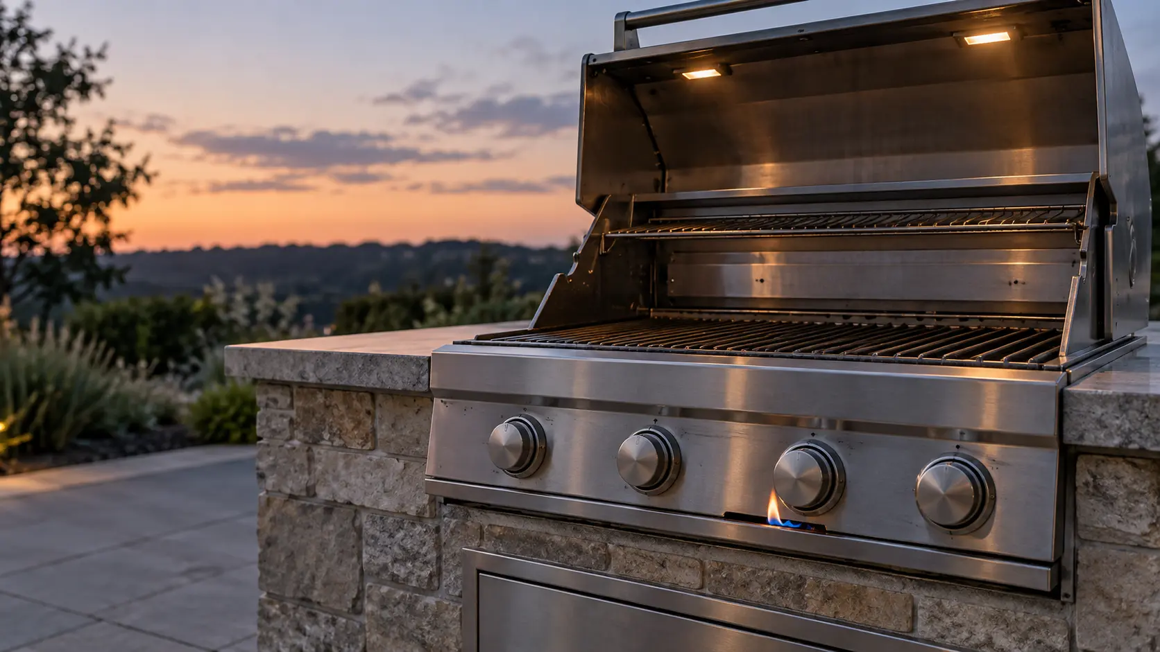 The front of a stainless built-in grill head set in a stone counter on an empty patio at dusk, the grill's lid raised, a small tongue of blue and orange flame showing in the gap under the grill's control panel beside one knob, the panel or the gas.