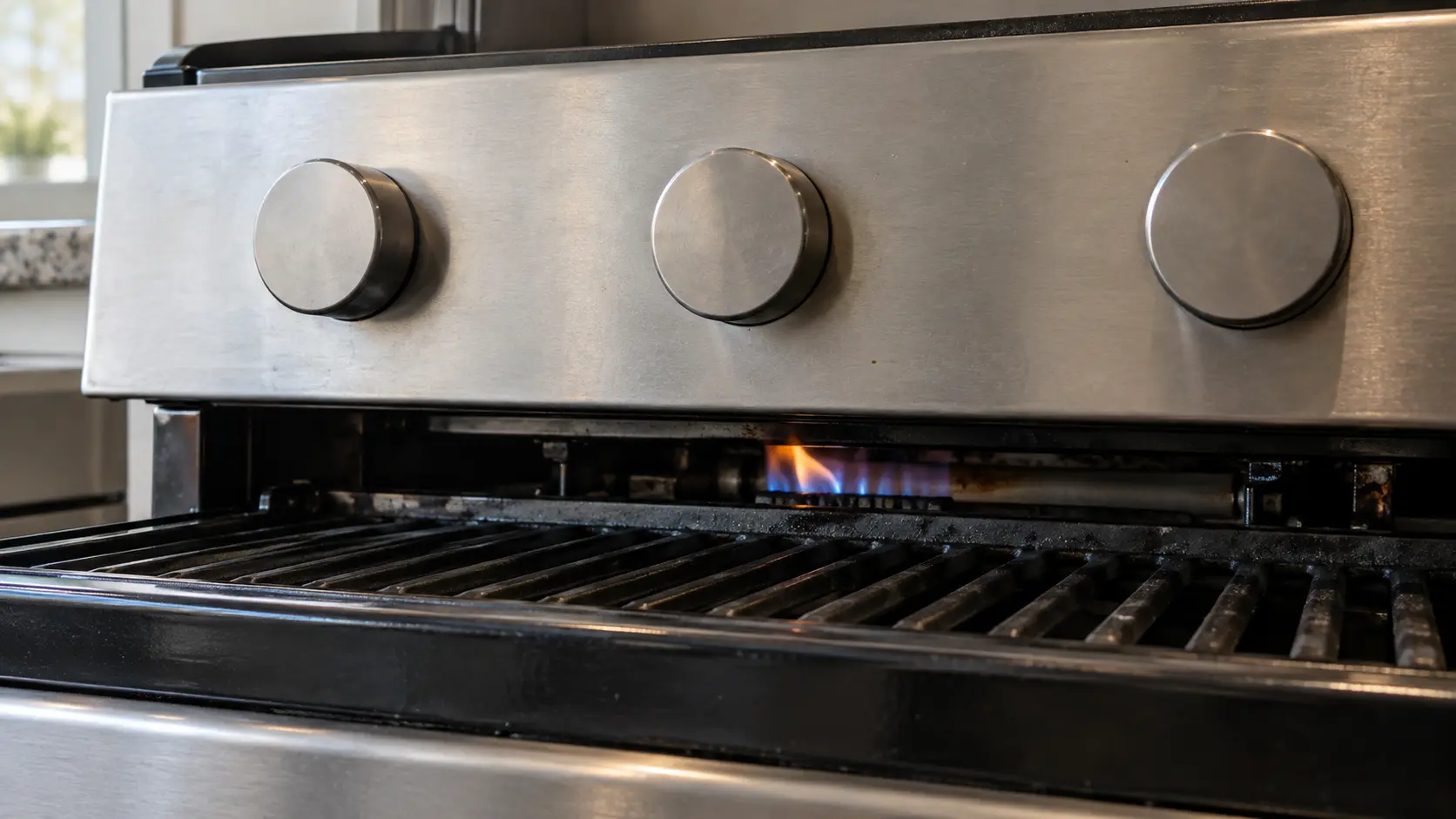 Close on a faint flame below the control panel of a grill.