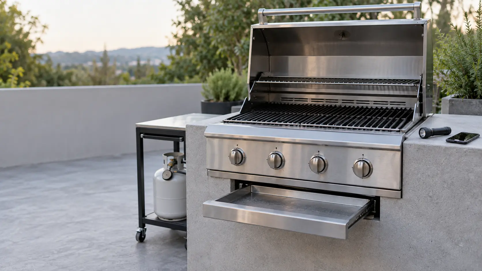 The front of a stainless built-in grill head set into a plain counter on a patio, the grill's knobs all at off and its drip tray pulled halfway out and empty, a small flashlight and a phone lying on the counter beside the grill, a closed propane tank with a round regulator under a nearby cart.
