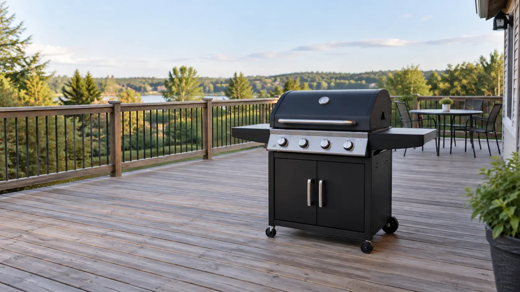 A black cart grill with its lid closed standing on a wide wooden deck of a single-family house, the grill set well out from the house wall and several feet clear of the deck railing with open sky above, a plain round patio table beyond.