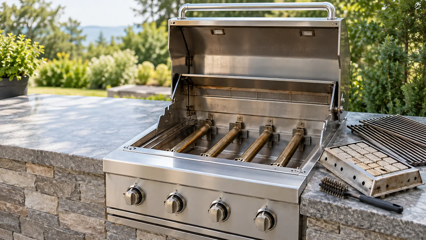 A stainless built-in grill head in a stone counter with its hood open and cooking grates set aside, one tray of square ceramic briquettes lifted out of the grill and resting upside down on the counter beside a soft brush, the brass burners visible in the empty space, every knob at off and no flame.