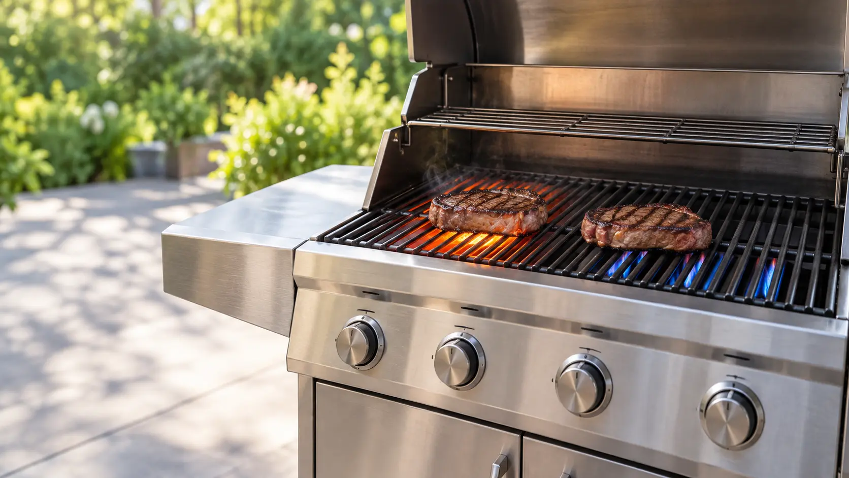 A stainless gas grill with its lid open on a sunny patio, one infrared sear burner glowing orange beneath the left cooking grate while the grill's other tube burners show short blue flames, two plain steaks resting on the hot side.