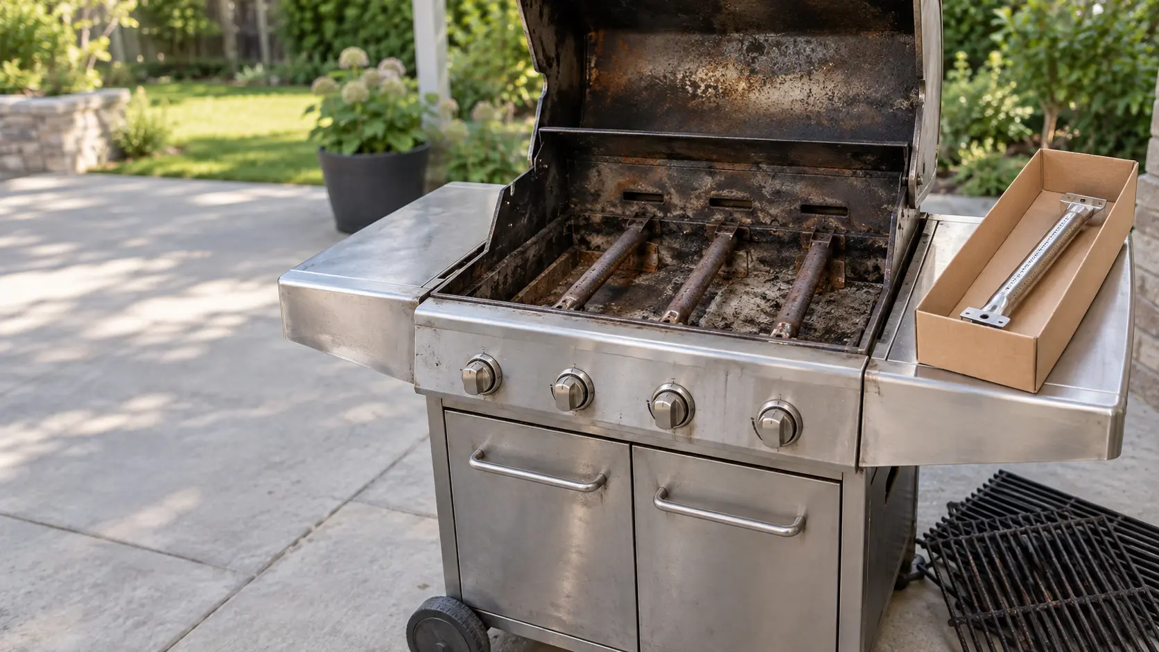 An older stainless cart grill on a concrete patio with its hood raised and cooking grates set aside, showing the grill's rust-flaked tube burners and a scorched firebox floor, a new stainless burner lying in brown packaging on the side shelf.