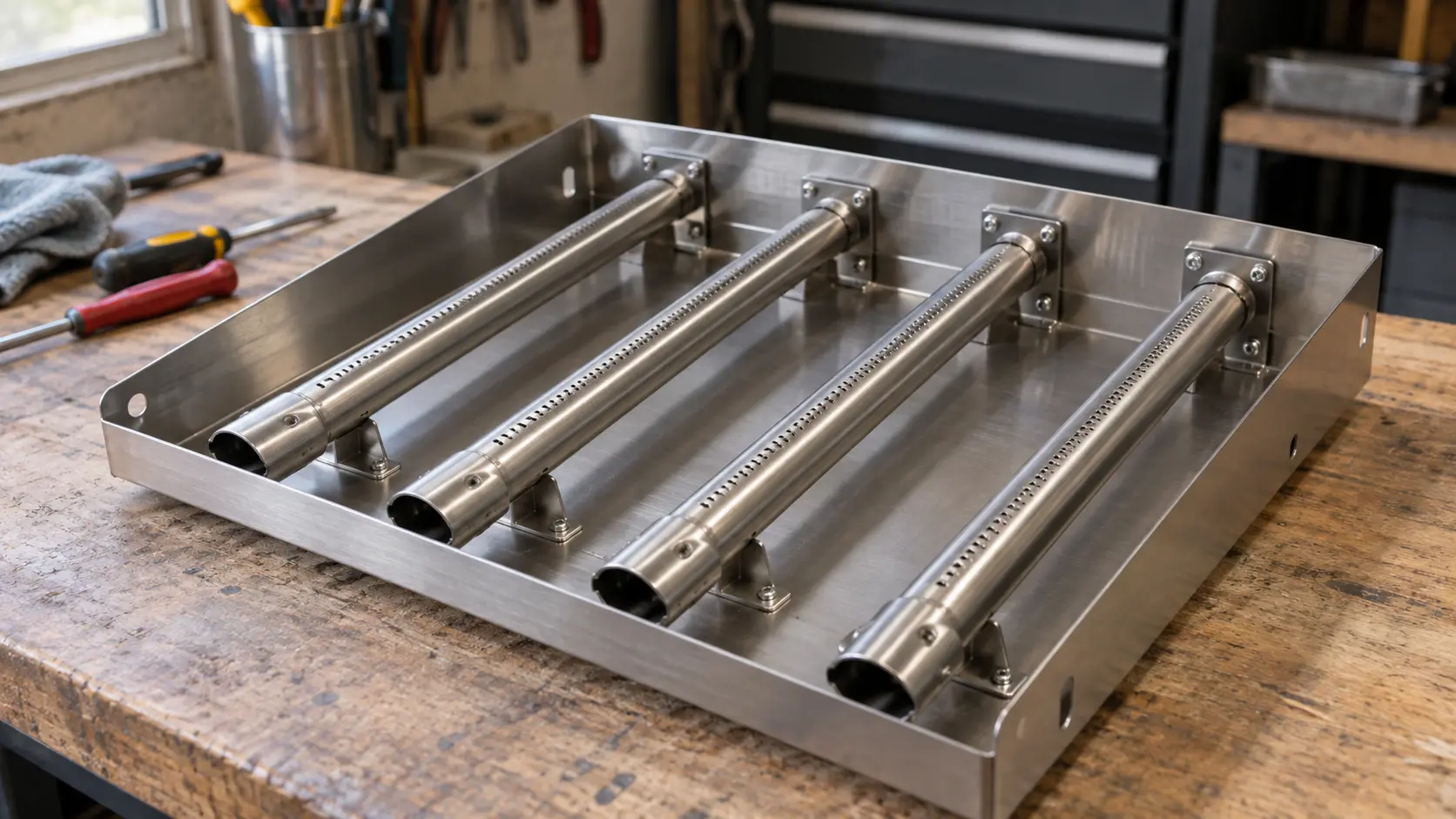 Close on a new set of burners for a grill in their tray on a workbench.