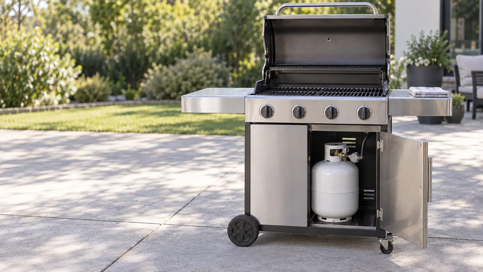 A freestanding cart grill on a sunny concrete patio with its lid raised and every knob on the grill at off, the cabinet door open to show a white propane tank with its hose and round regulator connected and the tank valve closed, a folded towel on the grill's side shelf.