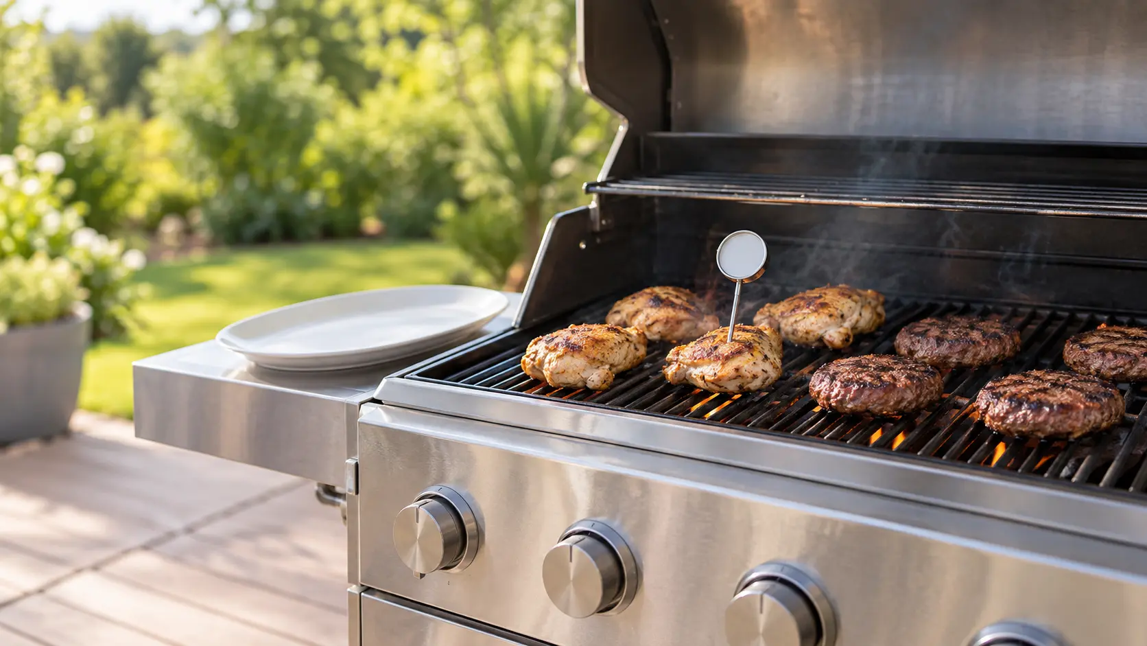 A stainless gas grill on a sunny patio with its lid open over plain chicken thighs and burgers on the grates, a simple food thermometer with a blank dial pushed into one thigh, a clean empty platter waiting on the grill's side shelf.