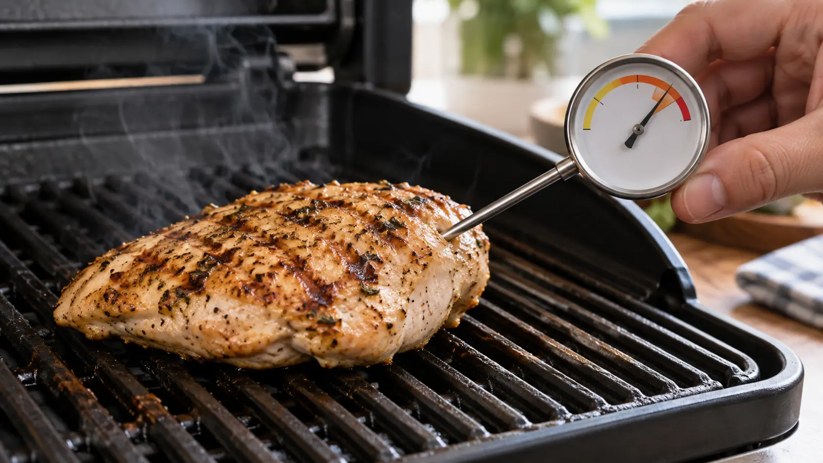 Close on a thermometer reading in a chicken breast on the grates of a grill.