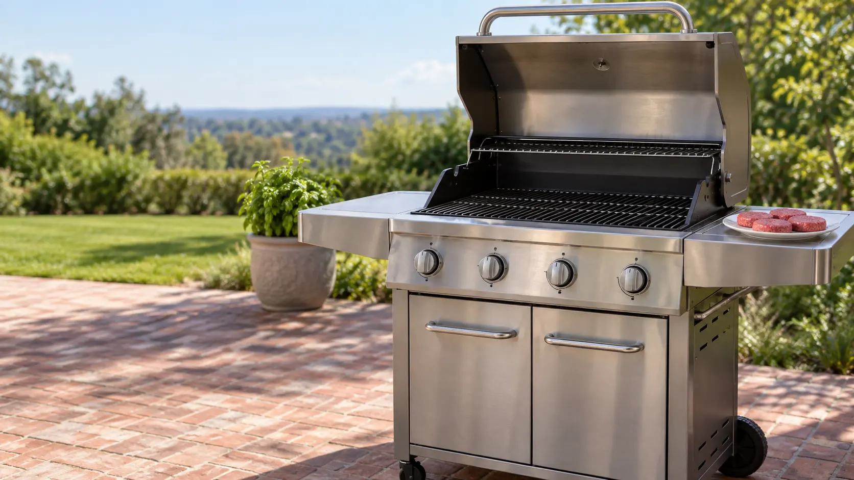 A stainless cart grill on a sunny brick patio with its lid raised and the cooking grates in place over unlit burners, every knob on the grill at off, the side shelf holding a plate of plain raw burger patties, a potted herb soft in the background.