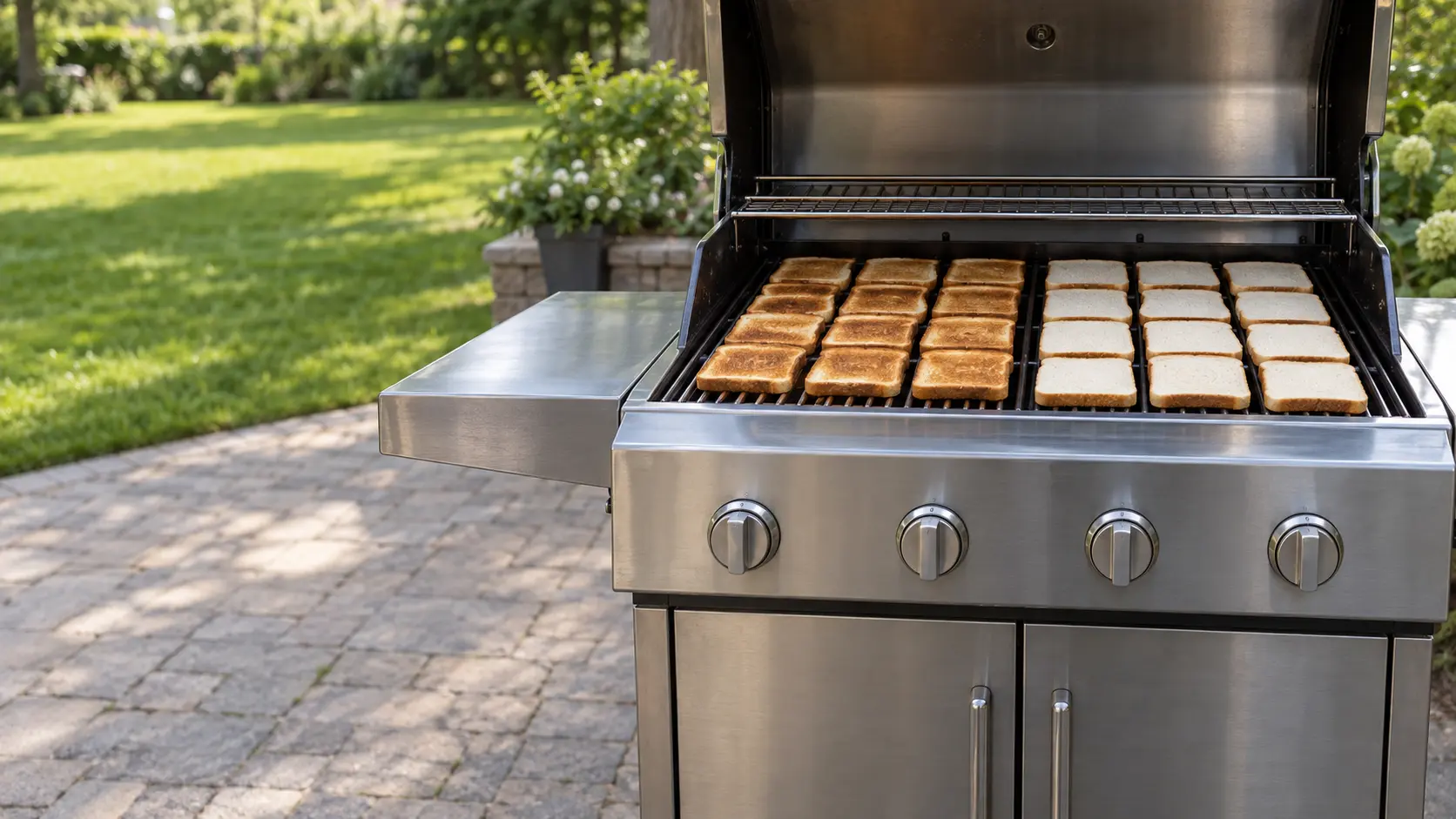 A stainless cart grill on a paver patio with its lid open, the cooking grates covered edge to edge in slices of toasted white bread, the slices over the left burner golden brown and those over the right burner still pale, the grill's knobs at off, a green lawn blurred behind.